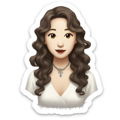 Laufey; Korean singer with wavy brown hair and coquette style sticker