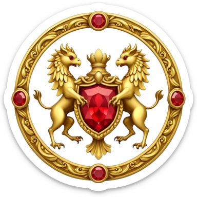 Golden griffin crest / brosch in a circle with 2 red gems and no background sticker