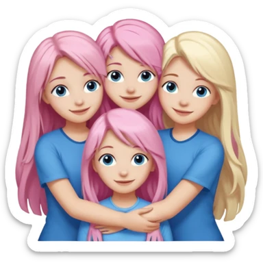 four white grips hugging and smiling    One girl with long light pink hair and blue eyes, one girl with blue eyes and light blonde hair, and 2 girls with brown eyes and long dark brown hair. sticker