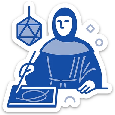 Create a flat startup logo inspired by the painting of Luca Pacioli, focusing on geometric shapes and mathematical tools, but exclude the tool to his right. Use a blue color palette, keep the design simple, minimalist, modern, and iconic with geometric and mathematical motifs from the painting. sticker