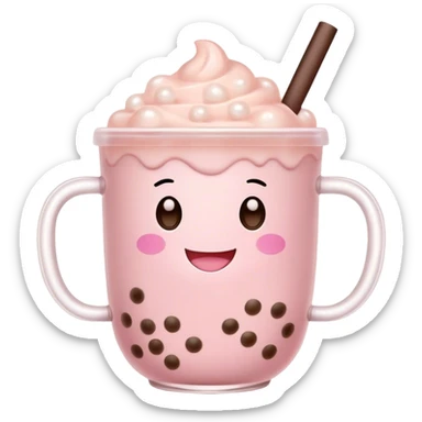 Cute Kawaii Boba Tea Cup, with a happy smiling face, chubby round shape, pastel pink and brown colors, soft glowing highlights, adorable tapioca pearls floating inside, sparkling eyes full of joy! sticker