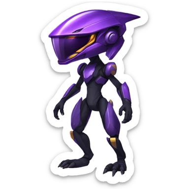 a shiny black-purple Genesect-Raptor-Fakémon—hybrid with a futuristic visor-helmet full body sticker