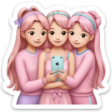 "Four girls hugging each other, all wearing soft pink clothes, two with long hair and two with shoulder-length short hair, smiling, cute iPhone emoji style, with hair accessories like headbands or ribbons, pastel color palette, soft shading, white background" sticker