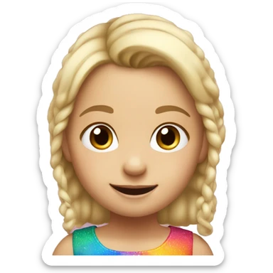 Emoji of a small white girl, 5 years old, with light hair. She has a cheerful expression and is wearing a colorful dress sticker