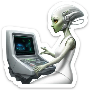  a Reptilian alien woman, in white dress, use a drive console sticker