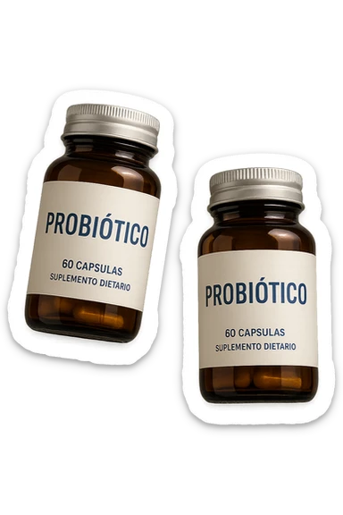 due boccette di integratori con la scritta "PROBIOTICO" SULL'ETICHETTA, FLUTTUANO IN ARIA, realistica 4k sticker