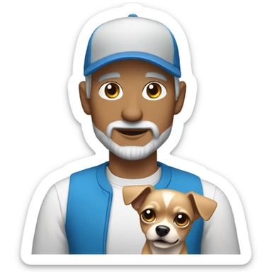 man with blue eyes gray hair and goatee wearing ball cap holding chihuahua with long black hair sticker