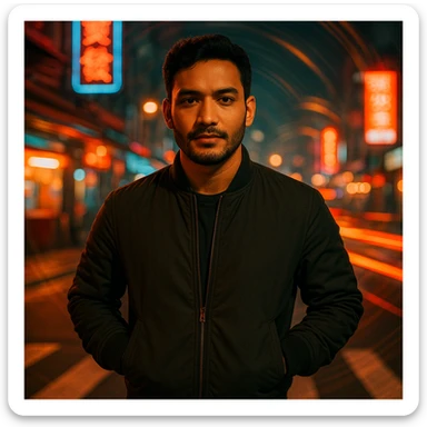 Create a cinematic urban portrait of a Southeast Asian man in his early 30s with medium tan skin, standing in a crosswalk at night with neon signs, light trails, and spiral blur. The man has hands in pockets, wears a dark bomber jacket, has a confident expression, soft flash, rich warm colors, 35mm film style. Use the reference image for face. sticker