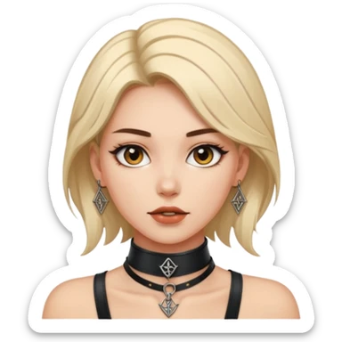 Leather choker with sigil around woman’s neck, pulse visible, dominance tone sticker