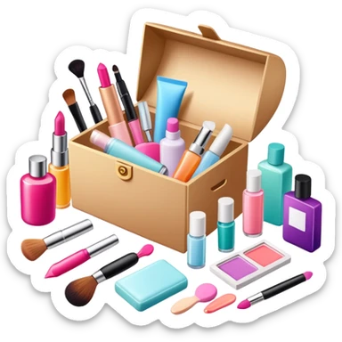 a beauty subscription box with various cosmetics and skincare items spilling out sticker