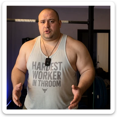 Create a realistic version of the man in the reference photo with a bodybuilder physique but a visible layer of fat on the chest and abdomen, maintaining the original pose. sticker