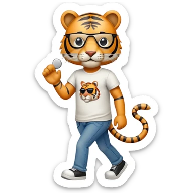 anthropomorphised tiger in a band t-shirt and jeans with an eye patch walking upright relaxed pose sticker
