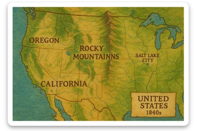 A topographical map of the USA in the 1840s which labels the rocky mountains, orgegon, california, Salt Lake City sticker