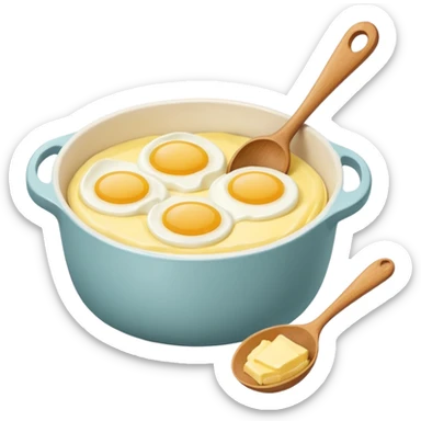 A carton of eggs, butter and a cream ceramic baking bowl with a wooden spoon in it sticker