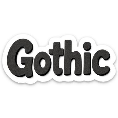 the word 'Gothic' in bold black quirky handwritten font, kawaii style, no outline, 3D paper-craft effect sticker
