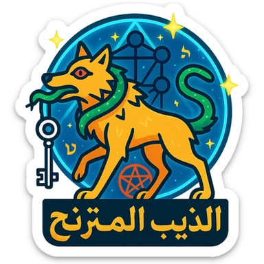 logo icon for 'الذيب المترنح' with a wolf in a staggering pose leaning, serpent around its neck symbolizing Gnosticism, key in its mouth, Tree of Life pattern subtly in the background representing Kabbalah, third eye on the wolf for Hermetic philosophy, glowing magic circle with pentagram surrounding the wolf for occult science, colors gold silver bright blue green red orange vibrant shiny glowing effects, luminous aura, clean lines, subtle Hebrew and occult symbols, balanced meaningful scalable vector icon suitable for light and dark backgrounds sticker