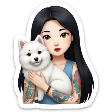 a Chinese girl with long black  straight hair and tattoos and a samoyed sticker