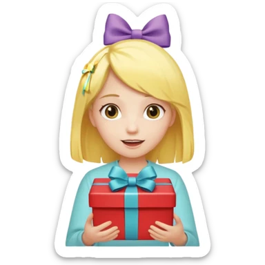 🥳🎀  sarı saçlı kız p saçının üstünde toka var tokat atmış iyi ki doğdun teyzeciğim diyor hem hediye var elimde çok kafasına tokat atmış sticker