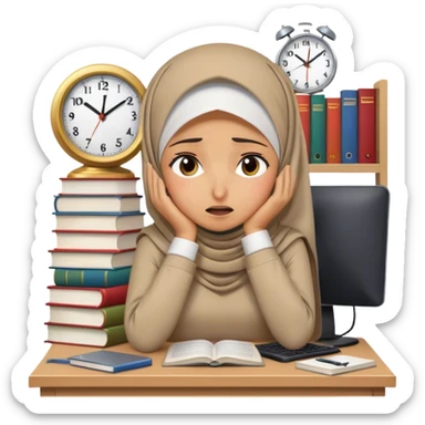 hijabi girl, books, pc, clock looking stressed, suffering and crying sticker