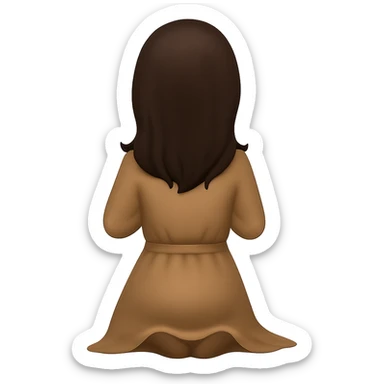 Create a third variation of a woman kneeling and praying from the back view, wearing a long tan dress, with dark brown hair, in emoji style, matching the same body figure as the reference image, with no background. sticker