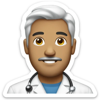 Full Latino man with goatee and plain lab coat and tshirt sticker