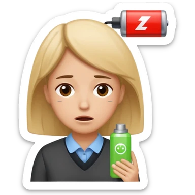 A kindergardenteacher with an empty battery icon above their head an exhausted and stressed face sticker