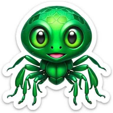 Cinematic Cute Green Bugdie Portrait Emoji, Head tilted playfully and inquisitively, featuring a glossy, vibrant emerald exoskeleton with intricate patterns, round, sparkling multifaceted eyes filled with curiosity, Simplified yet irresistibly adorable features, highly detailed, glowing with a warm, friendly glow, high shine, affectionate and lively, stylized with a touch of whimsy, bright and endearing, soft glowing outline, capturing the essence of a mischievous yet charming bug, so playful it feels like it could buzz out of the screen and into your arms! sticker
