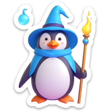 3D style penguin wizard with shiny hat and glowing staff, magical and friendly sticker