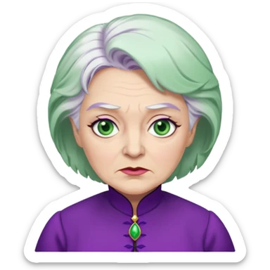 Madame Morrible from Wicked with green eyes, white hair, purple outfit sticker