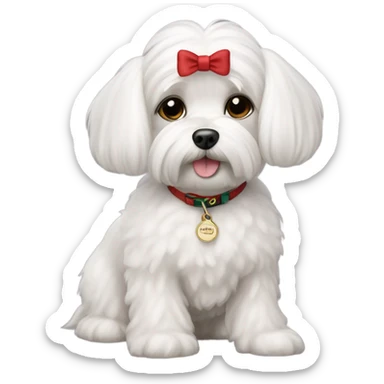 maltese dog with a name tag saying "gucci" sticker