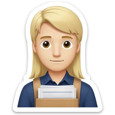 Guy with long straight blonde hair behind head and navy button up holding a school packet sticker