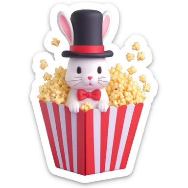 striped popcorn box with a small bunny inside wearing a magician's top hat sticker