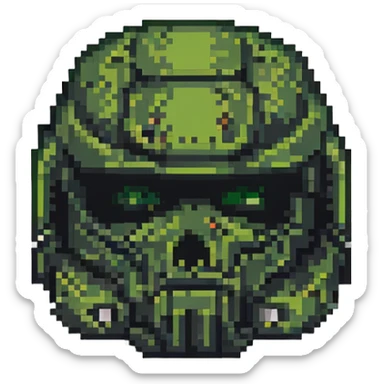 doom guy helmet, pixel art style, retro video game, green and black sticker