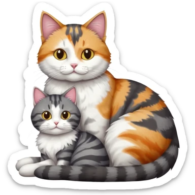 full body colourful light patched calico + white tabby cat cuddling a big dark grey and white tabby cat  sticker
