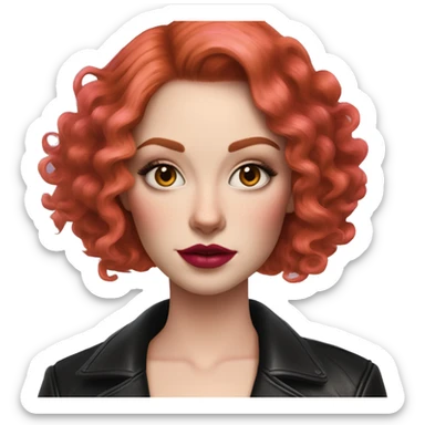 Woman with very pale skin, with bright red curly bob hair that is parted on the side, heavy eye makeup, cat eyeliner, long eyelashes, bright pink blush and bright pink lipstick.  Her eyebrows are dark, arched and very high. Wearing a leather jacket  sticker