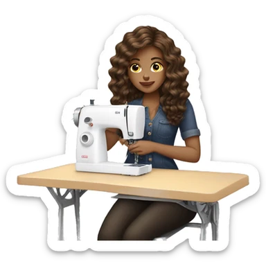Light skinned women with brunette medium long wavy hair sewing at a sewing machine  sticker