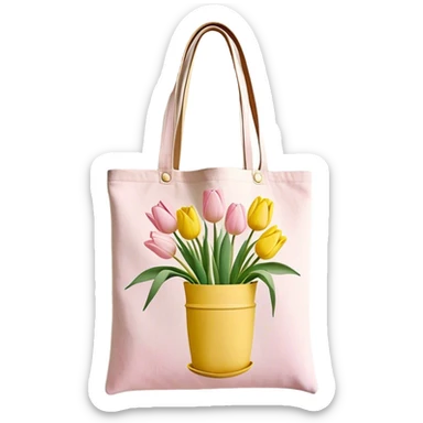 canvas tote bag with pastel tulips hanging out the top sticker