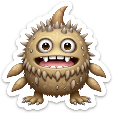 My Singing Monsters Dust element monster, sandy cracked body, muted brown-gray colors, drifting dust particles, cute cartoon style sticker