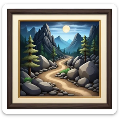 mountain crossroads trails with rocks  two trails—one illuminated,, and one shrouded in darkness, representing reaction.  sticker