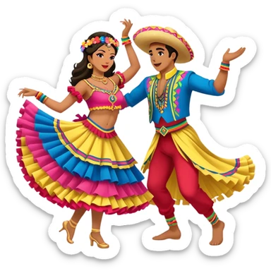 Cinematic Realistic scene of two dancers performing Cumbia, adorned in colorful traditional Colombian costumes with intricate details, captured in rhythmic motion with lively, festive lighting sticker