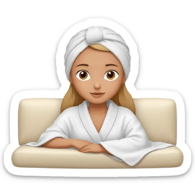 spa A contented and relaxed girl with a towel on her head in a white robe lies on a couch. The icon displays the couch and the girl in full three-quarter view. sticker