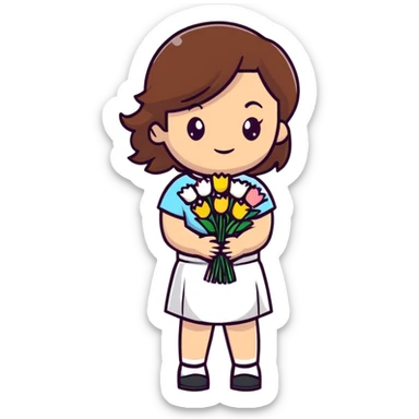 girl with brown hair wearing a white skirt holding a bouquet of flowers sticker