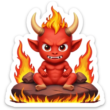 a Red devil, short horn Chibi red demon sitting on fire rock sticker
