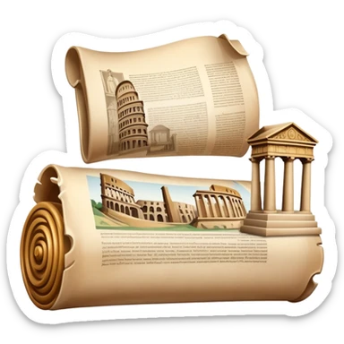 An icon featuring an ancient scroll, surrounded by famous historical landmarks and statues of notable figures, like the Colosseum or Napoleon. The design symbolizes the exploration of history through monuments and people. Transparent background highlights the pas sticker