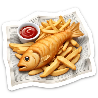 Cinematic Realistic Fish and Chips Dish Emoji, depicted with crispy golden battered fish and chunky hand‚Äêcut chips served in traditional newspaper wrapping, rendered with mouth‚Äêwatering texture and warm natural lighting that captures its quintessential British charm. sticker