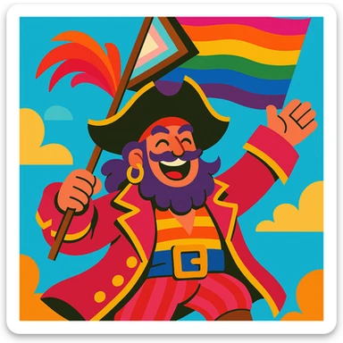 flamboyant pirate waving a pride flag, vibrant toon style sticker