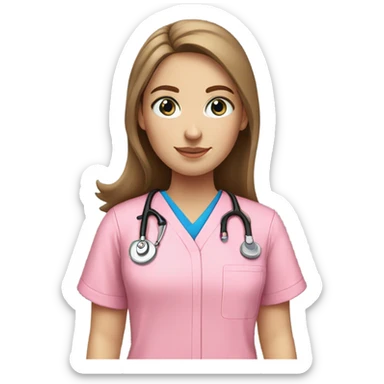White girl with long brown hair with blue eyes in pink scrubs  sticker