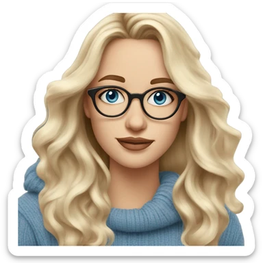 Blonde balayage long hair white women beige sweater blue eyes and small glasses holding coffee sticker