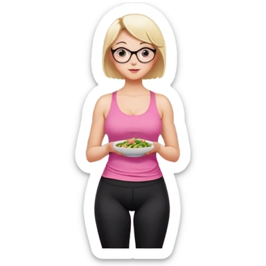 View from knees up, view from the back, fair skinned woman, thick milf, short blond hair, small reading glasses, cooking dinner in kitchen, pink loose tank top, showing natural B cup breast shape SFW, black yoga pants, large curvy booty sticker