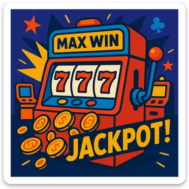 casino max win and more, slot machine jackpot, vibrant cartoon style sticker